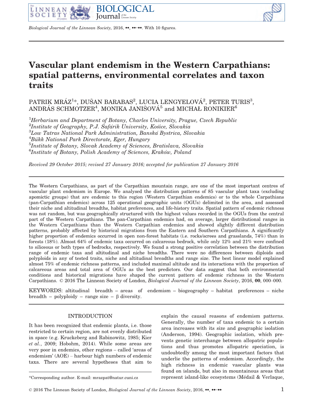 Vascular Plant Endemism in the Western Carpathians: Spatial Patterns, Environmental Correlates and Taxon Traits