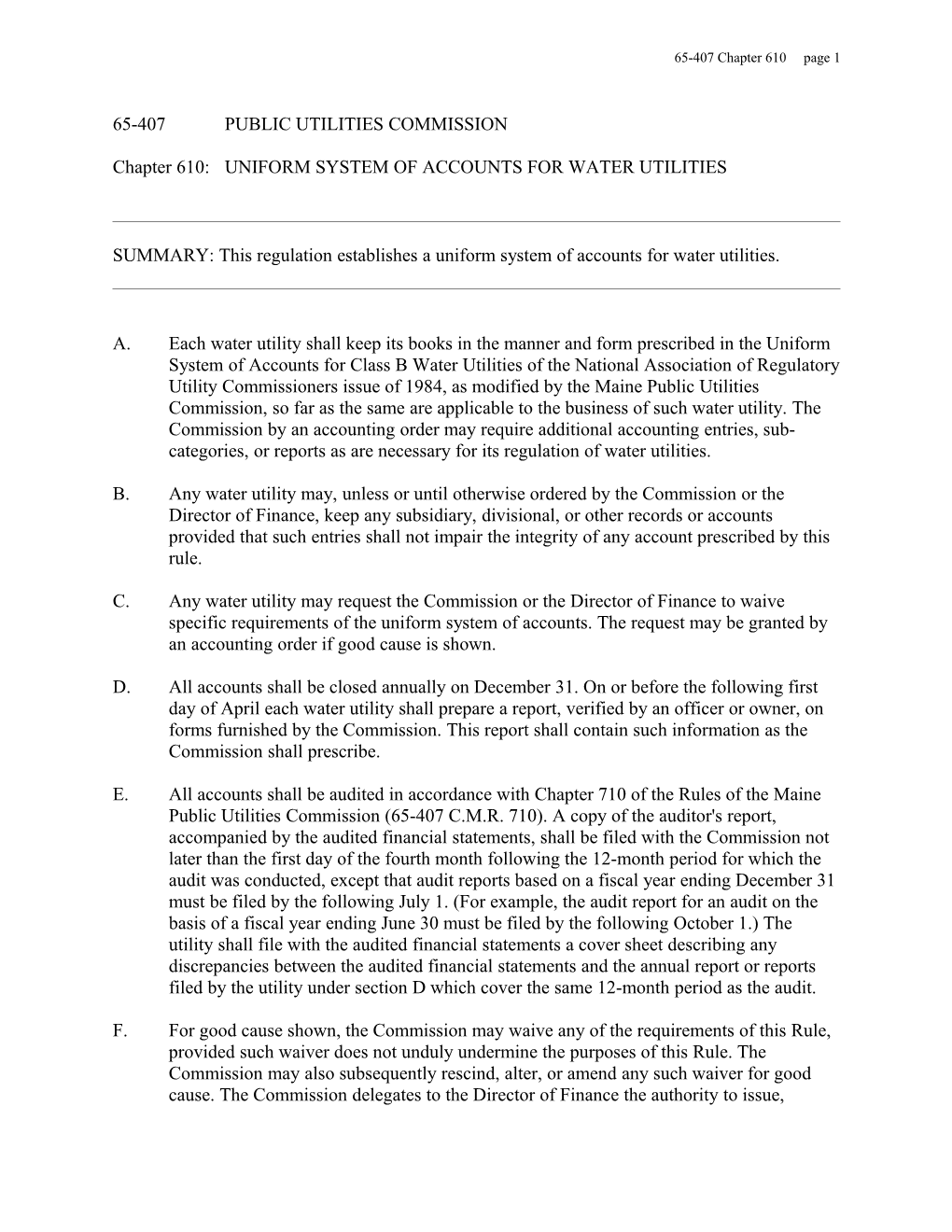 Chapter 610: UNIFORM SYSTEM of ACCOUNTS for WATER UTILITIES