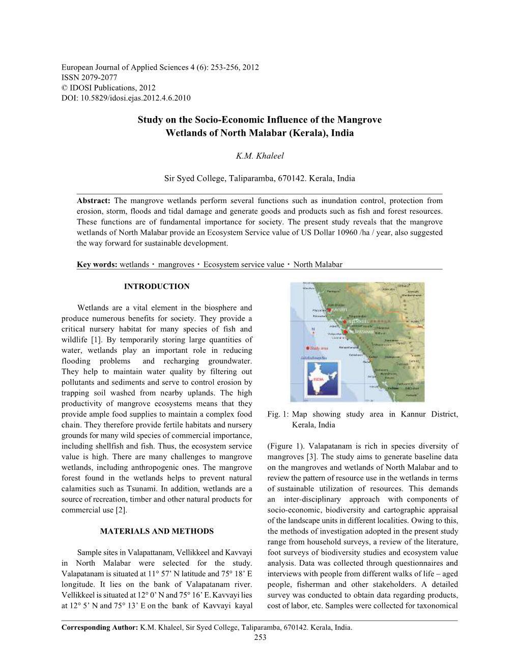Study on the Socio-Economic Influence of the Mangrove Wetlands of North Malabar (Kerala), India