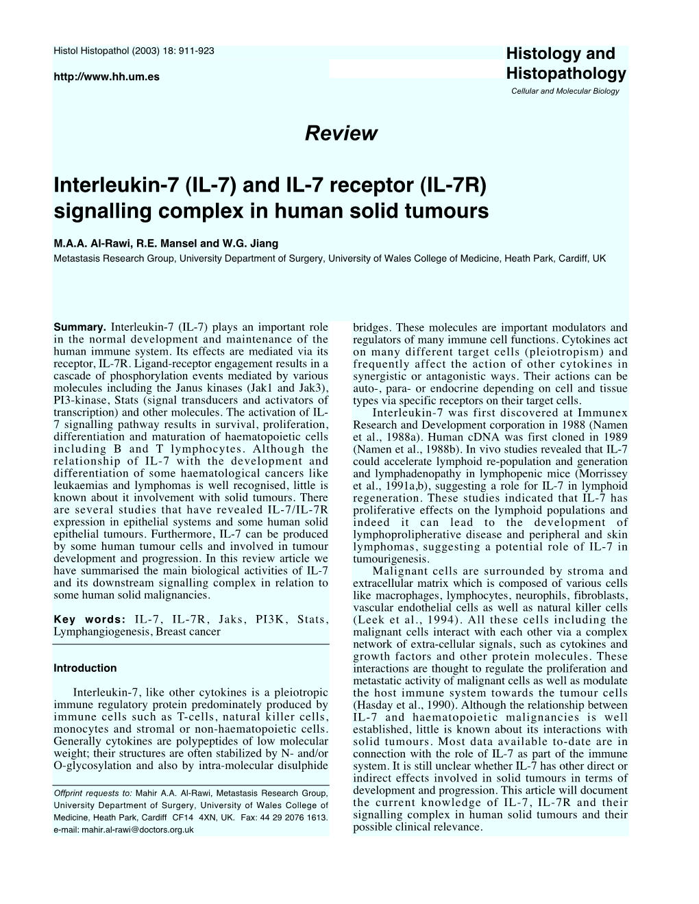 And IL-7 Receptor (IL-7R) Signalling Complex in Human Solid Tumours