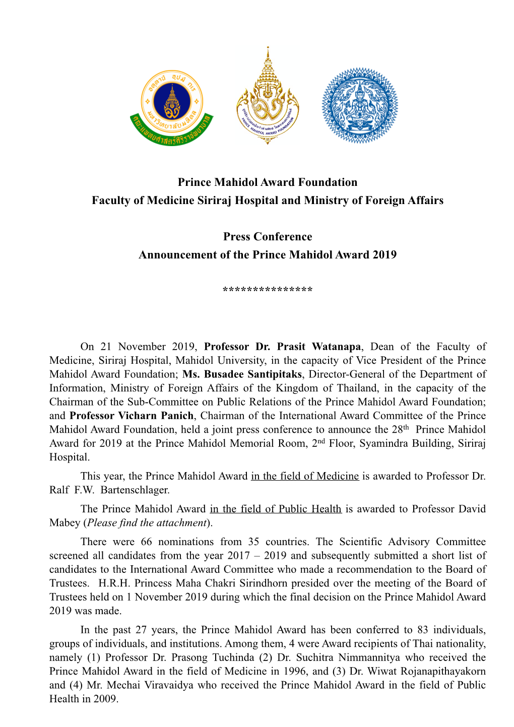 Prince Mahidol Award Foundation Faculty of Medicine Siriraj Hospital and Ministry of Foreign Affairs