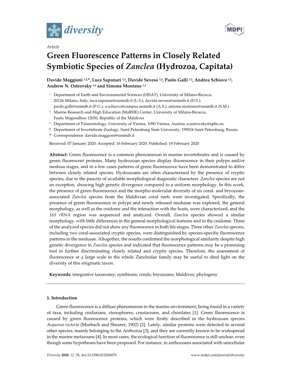 Green Fluorescence Patterns in Closely Related Symbiotic Species of Zanclea (Hydrozoa, Capitata)