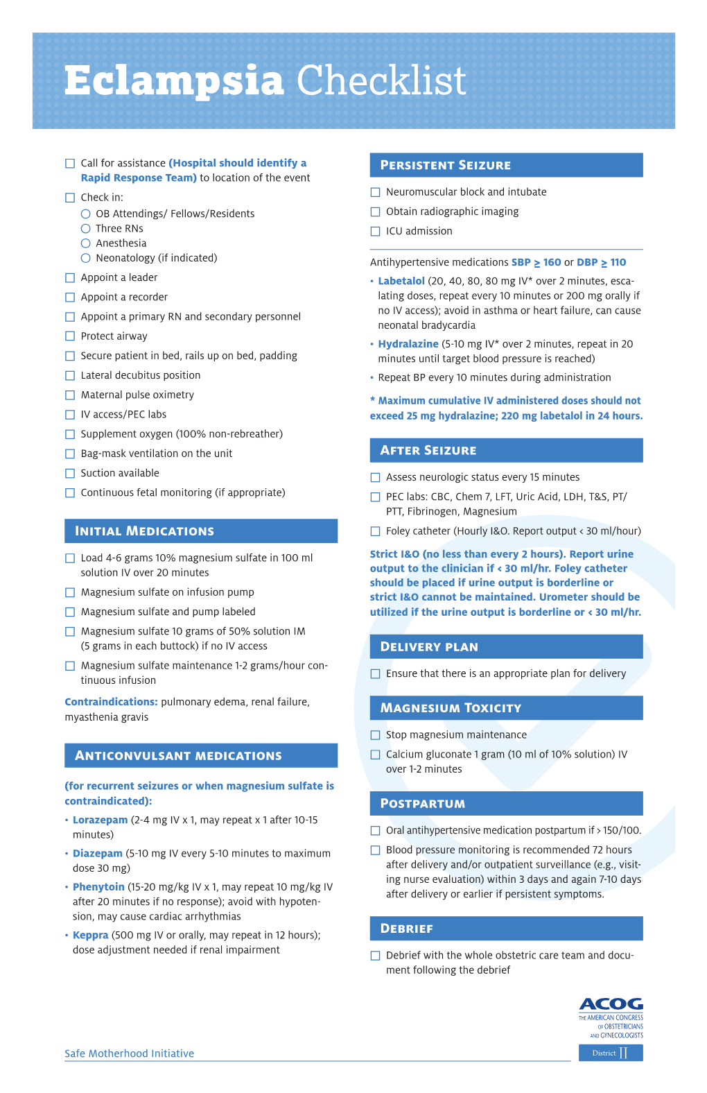 ACOG District II Eclampsia Checklist