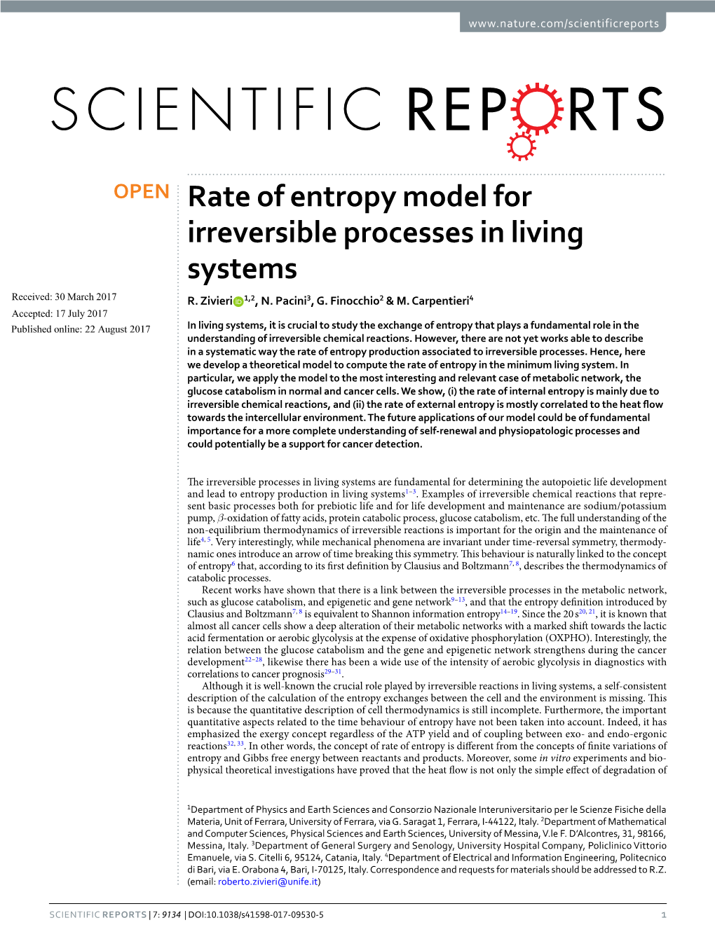 Rate of Entropy Model for Irreversible Processes in Living Systems Received: 30 March 2017 R