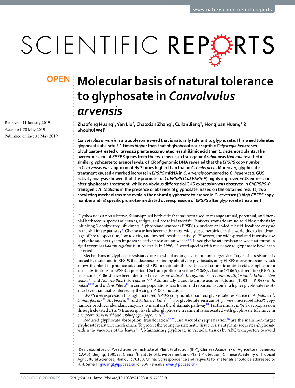 Molecular Basis of Natural Tolerance to Glyphosate in Convolvulus Arvensis