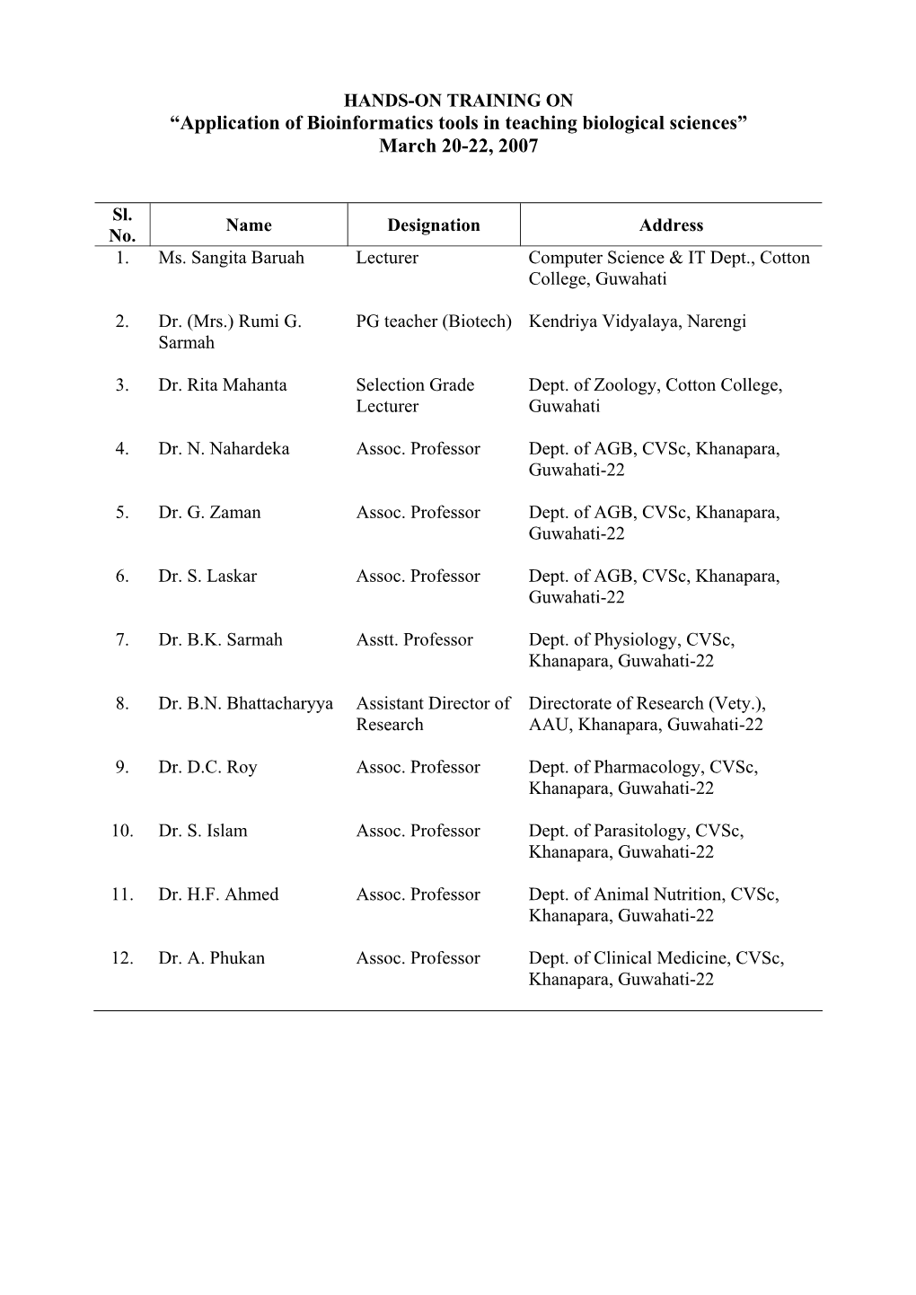 Application of Bioinformatics Tools in Teaching Biological Sciences” March 20-22, 2007