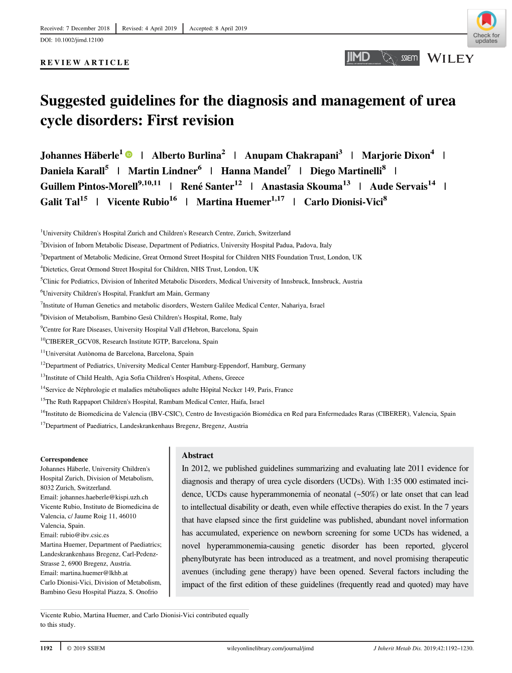 Suggested Guidelines for the Diagnosis and Management of Urea Cycle Disorders: First Revision