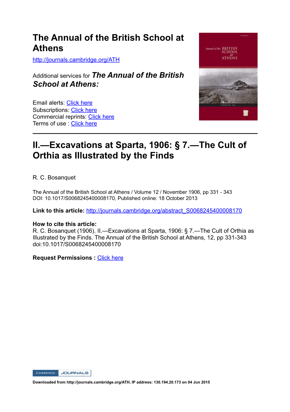 Excavations at Sparta, 1906: § 7.—The Cult of Orthia As Illustrated by the Finds