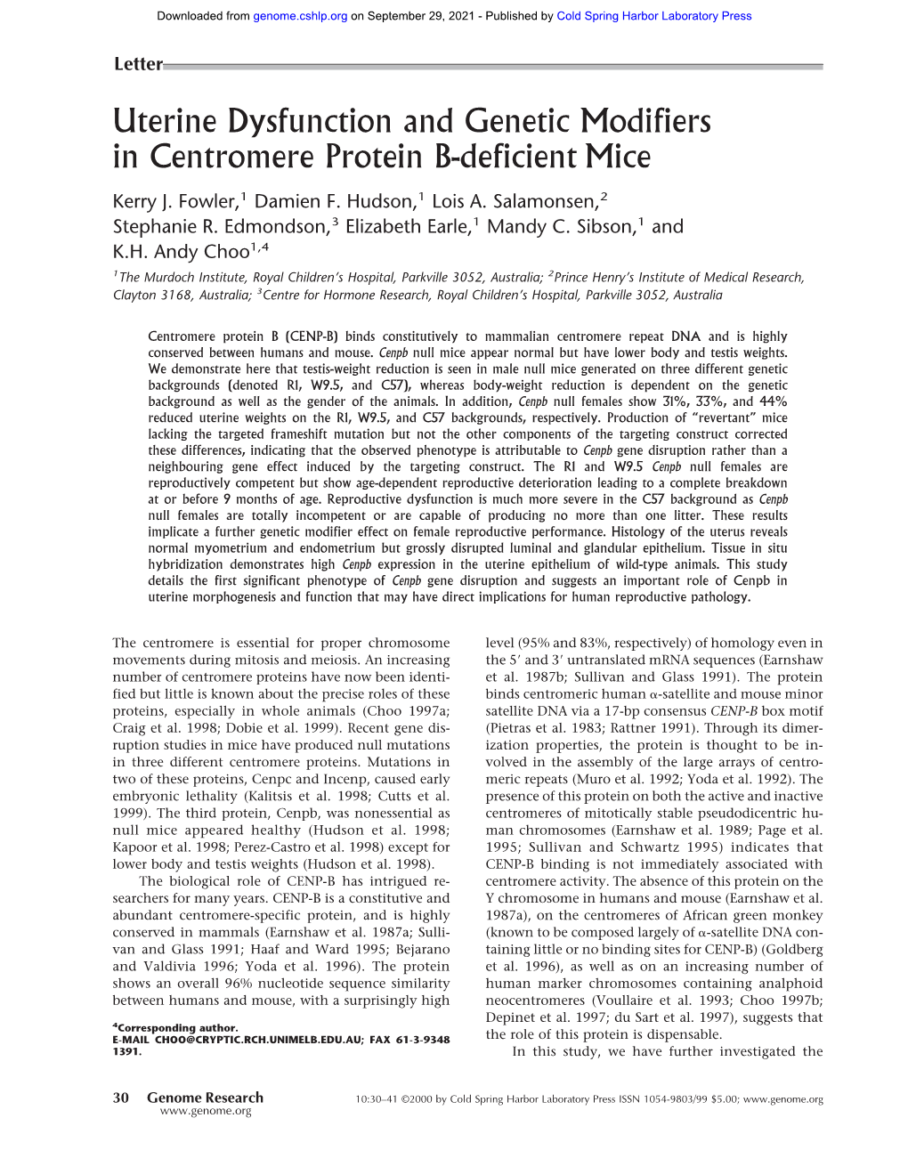 Uterine Dysfunction and Genetic Modifiers in Centromere Protein B-Deficient Mice