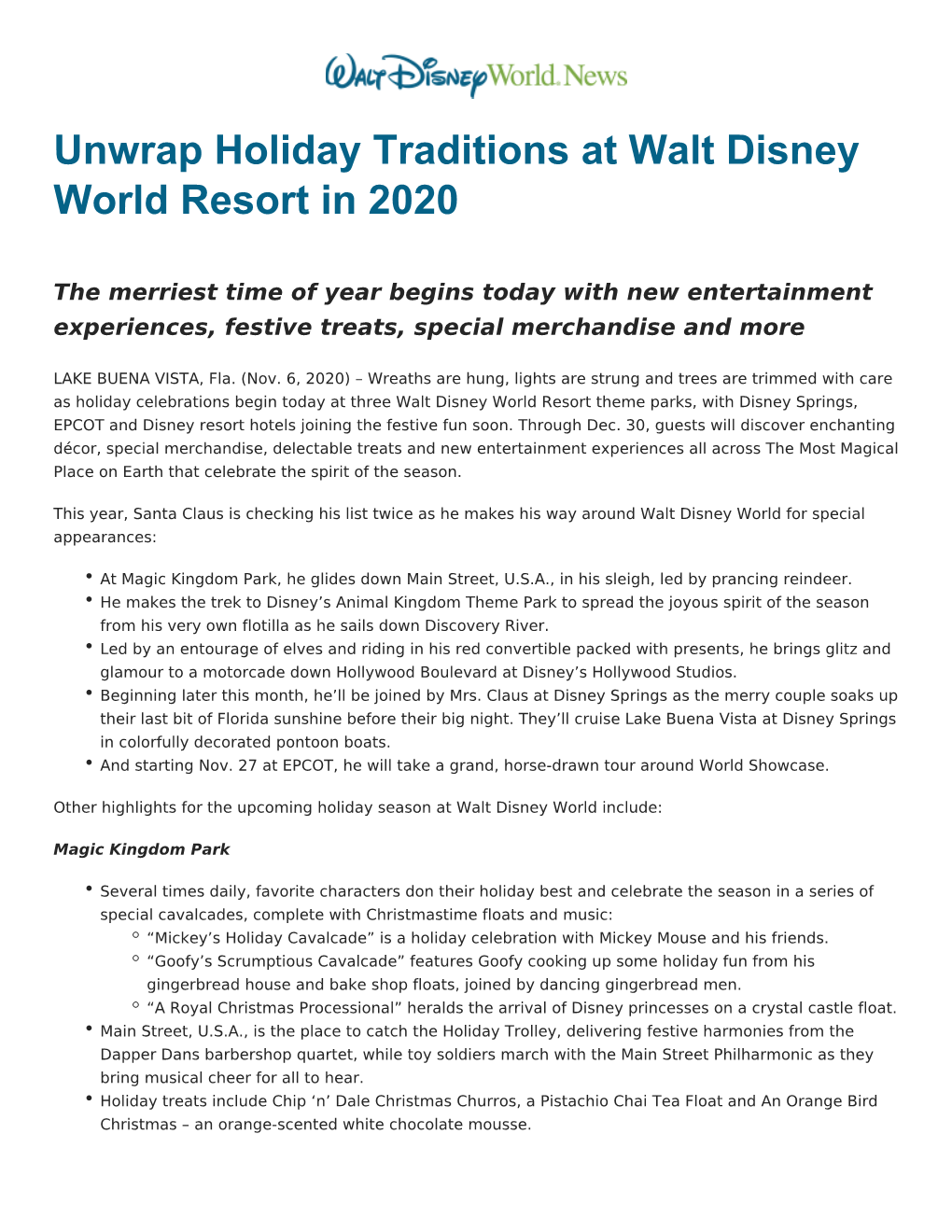 Unwrap Holiday Traditions at Walt Disney World Resort in 2020