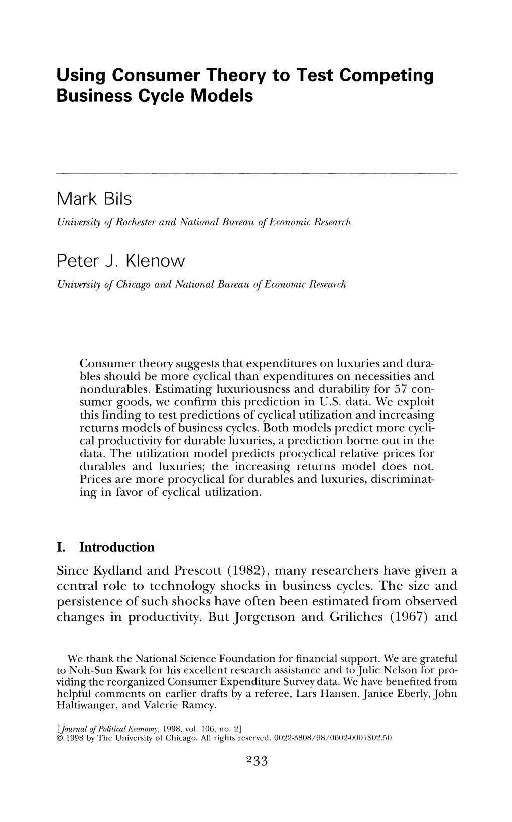 Using Consumer Theory to Test Competing Business Cycle Models