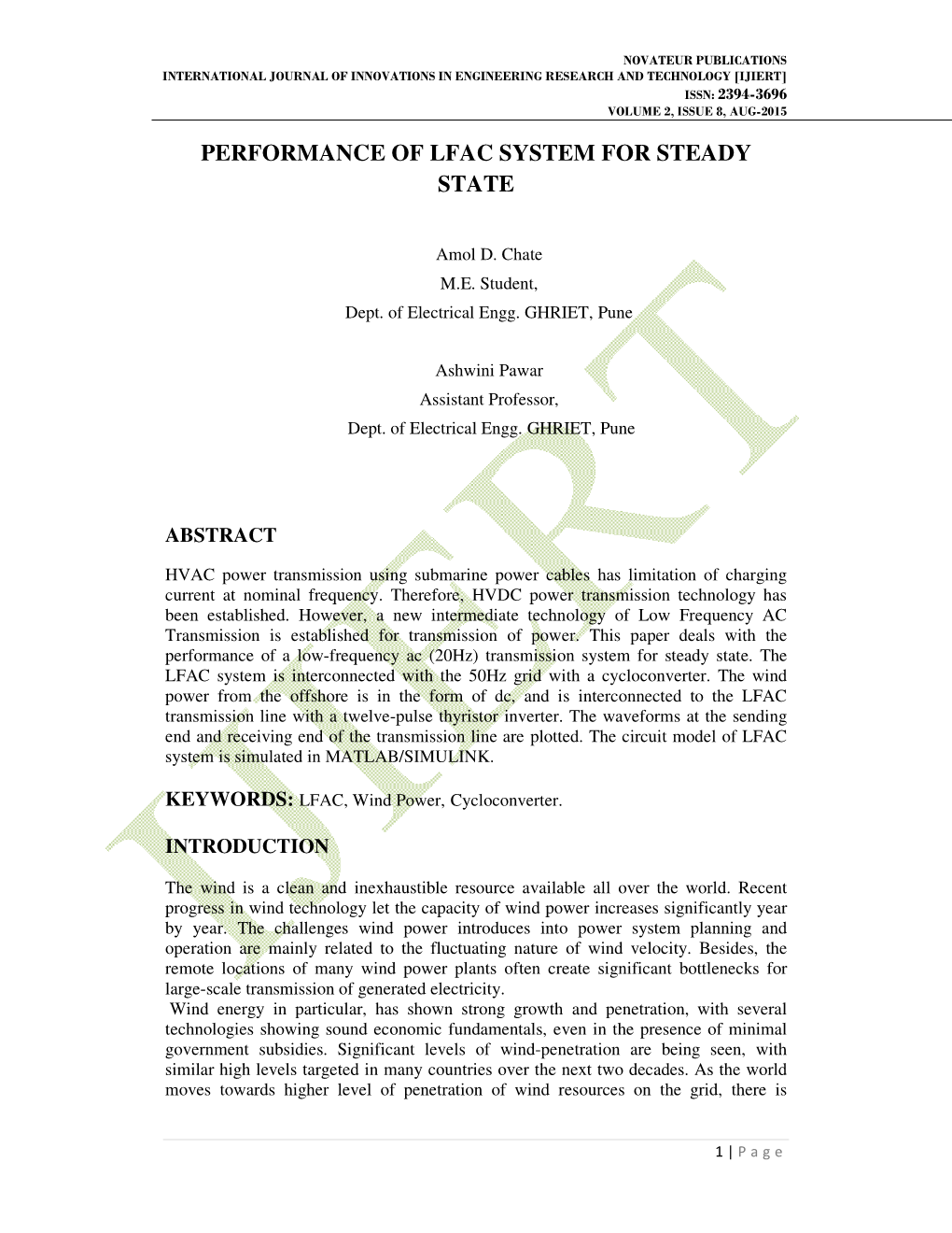 Performance of Lfac System for Steady State