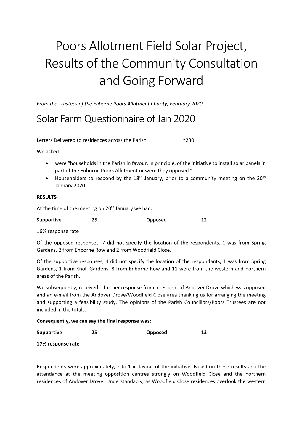 Poors Allotment Field Solar Project, Results of the Community Consultation and Going Forward