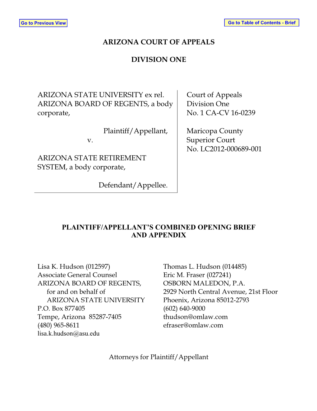 Arizona Court of Appeals Division One Arizona State