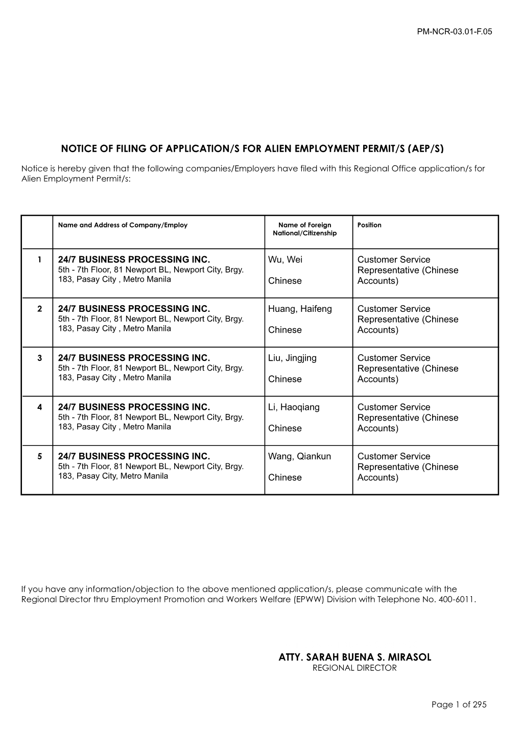 Notice of Filing of Application/S for Alien Employment Permit/S (Aep/S)