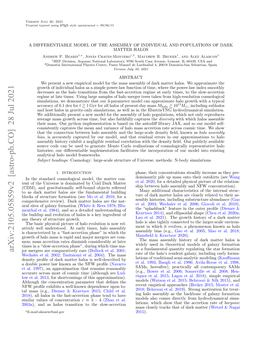 Arxiv:2105.05859V2 [Astro-Ph.CO] 28 Jul 2021 Jor Mergers Are Comparatively Rare (Bullock Et Al