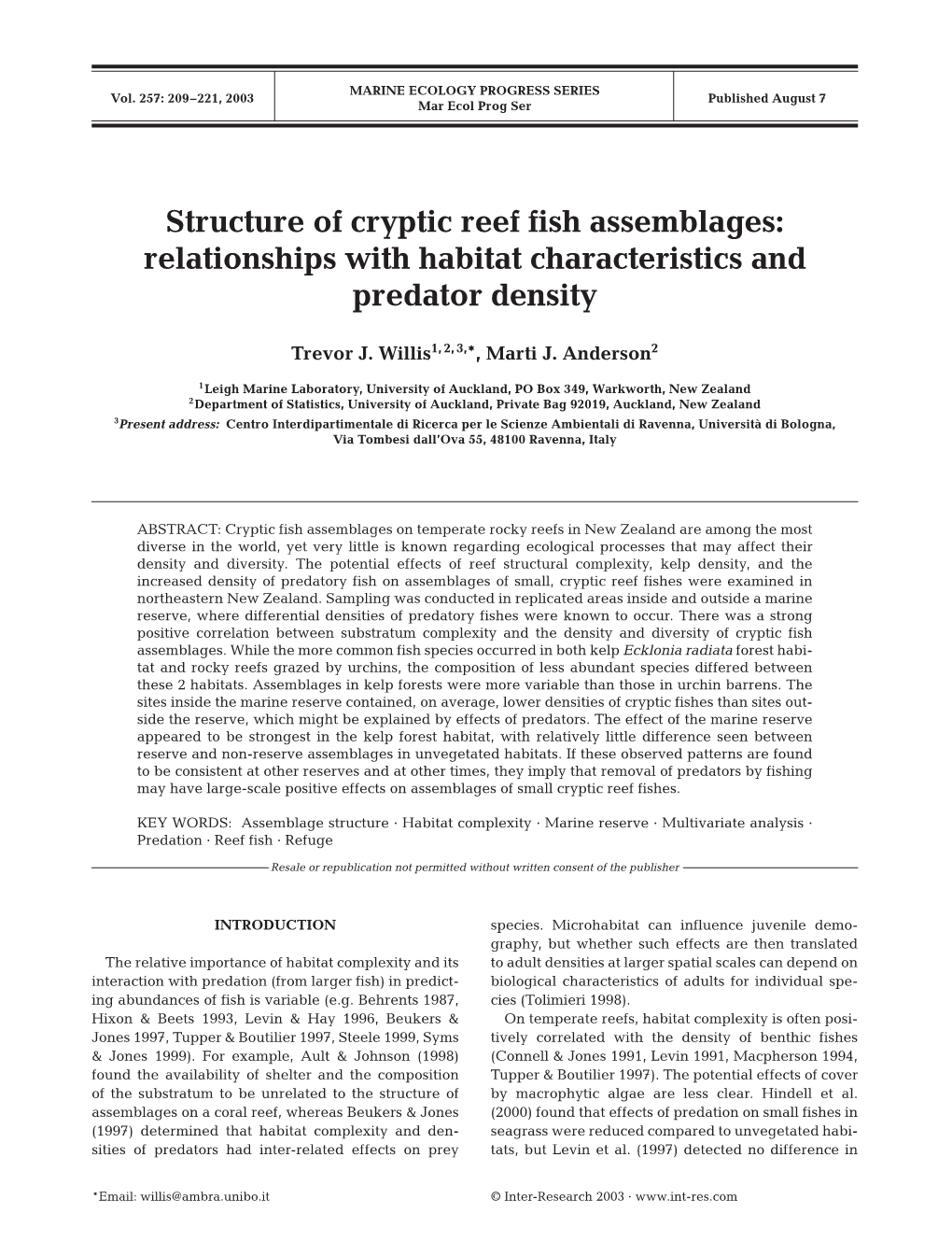 Structure of Cryptic Reef Fish Assemblages: Relationships with Habitat Characteristics and Predator Density