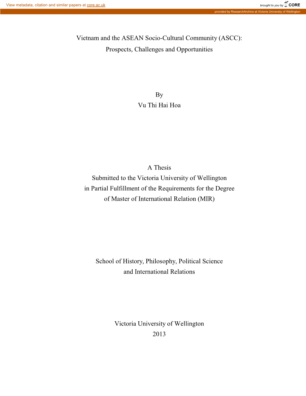 Vietnam and the ASEAN Socio-Cultural Community (ASCC): Prospects, Challenges and Opportunities