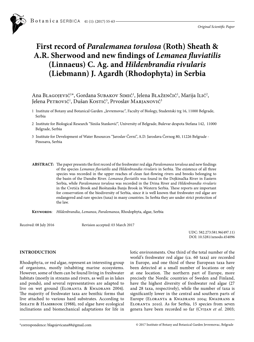 First Record of Paralemanea Torulosa (Roth) Sheath & AR Sherwood And