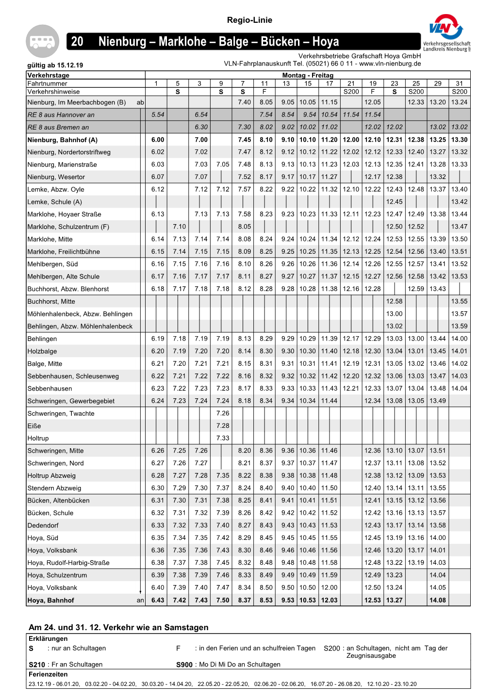 20 Nienburg – Marklohe – Balge – Bücken – Hoya Verkehrsbetriebe Grafschaft Hoya Gmbh Gültig Ab 15.12.19 VLN-Fahrplanauskunft Tel