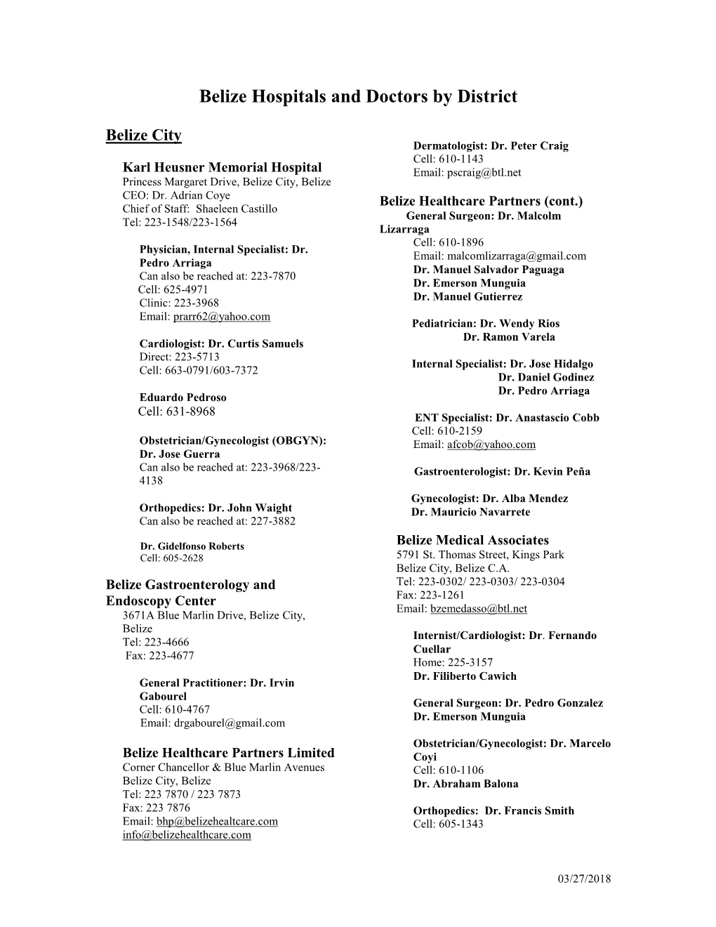 Belize Hospitals and Doctors by District