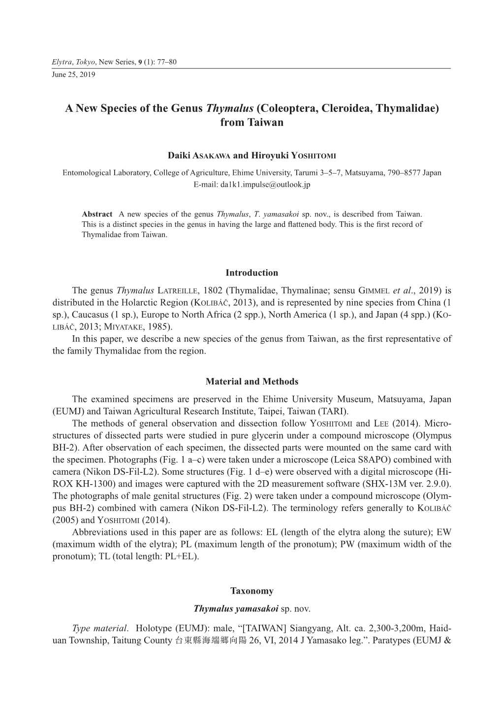 A New Species of the Genus Thymalus (Coleoptera, Cleroidea, Thymalidae) from Taiwan