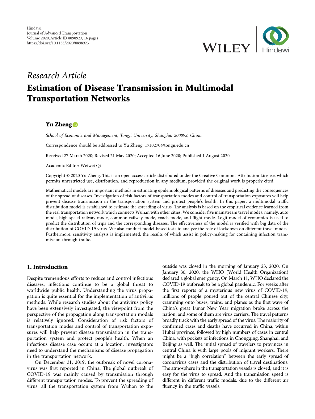 Research Article Estimation of Disease Transmission in Multimodal Transportation Networks