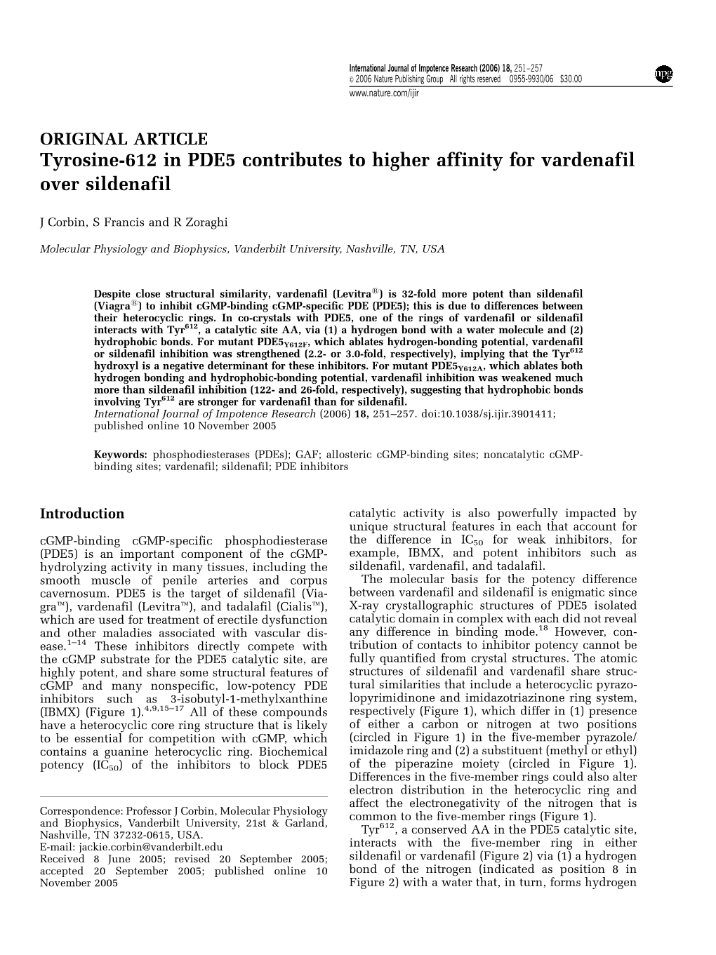 Tyrosine-612 in PDE5 Contributes to Higher Affinity for Vardenafil Over Sildenafil