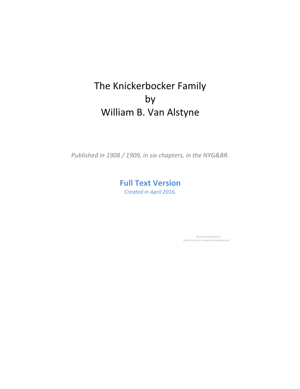 The Knickerbocker Family by William B. Van Alstyne