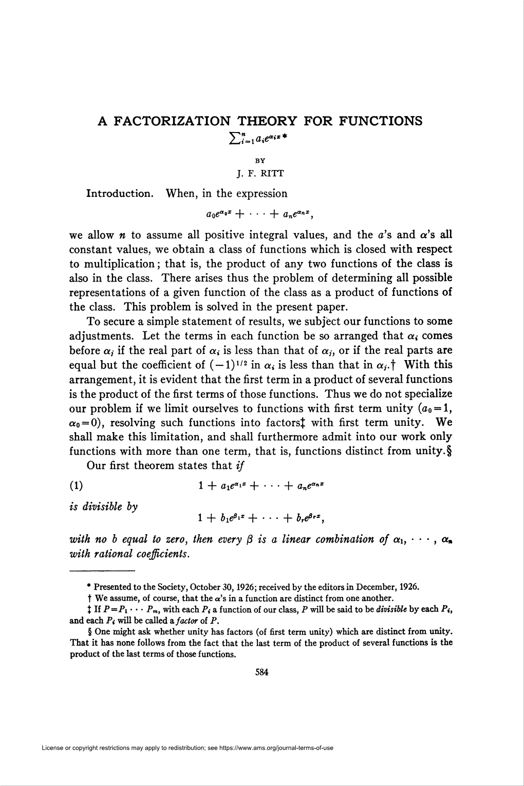 A FACTORIZATION THEORY for FUNCTIONS Zuw*