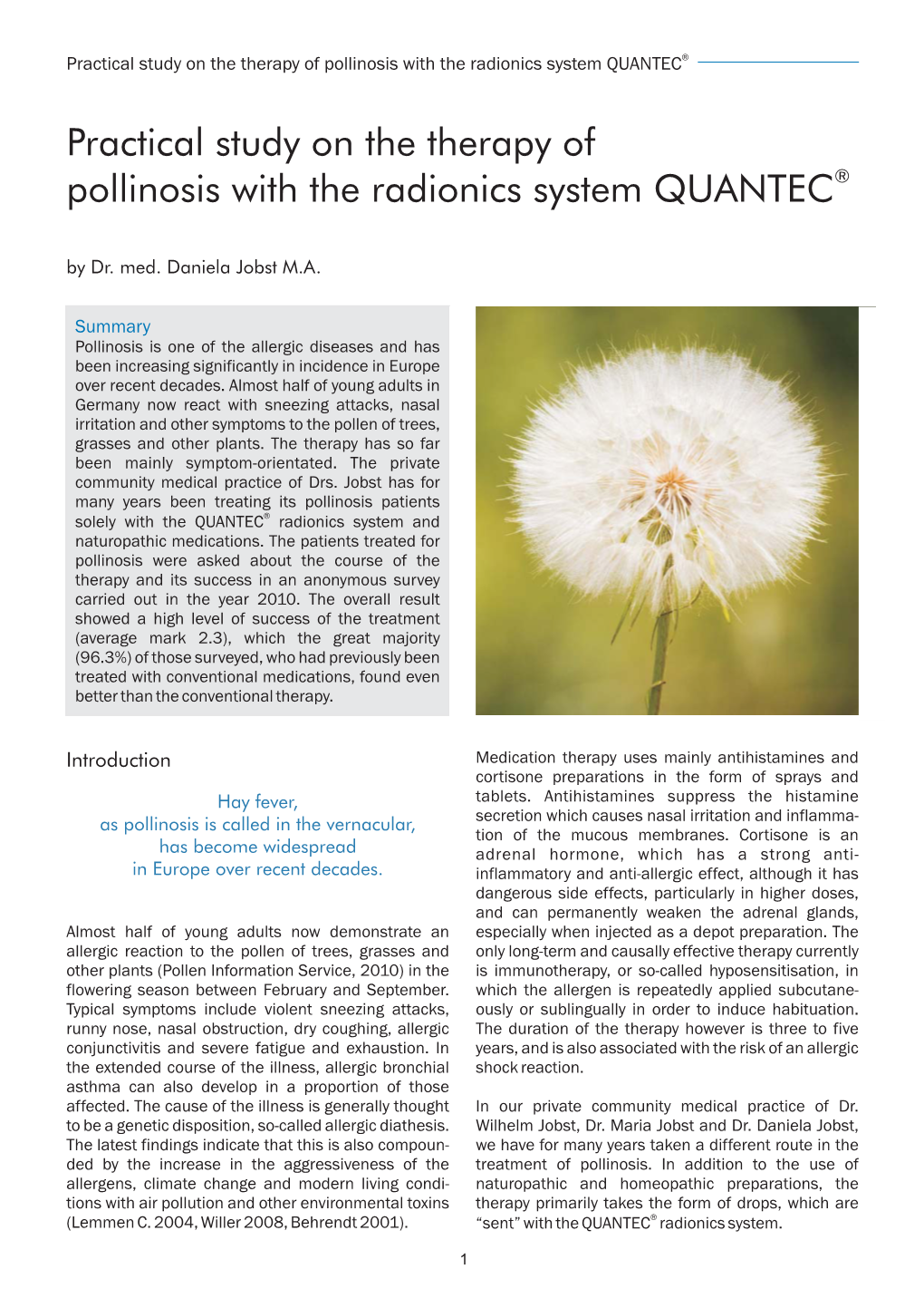 Practical Study on the Therapy of Pollinosis with the Radionics System QUANTEC®