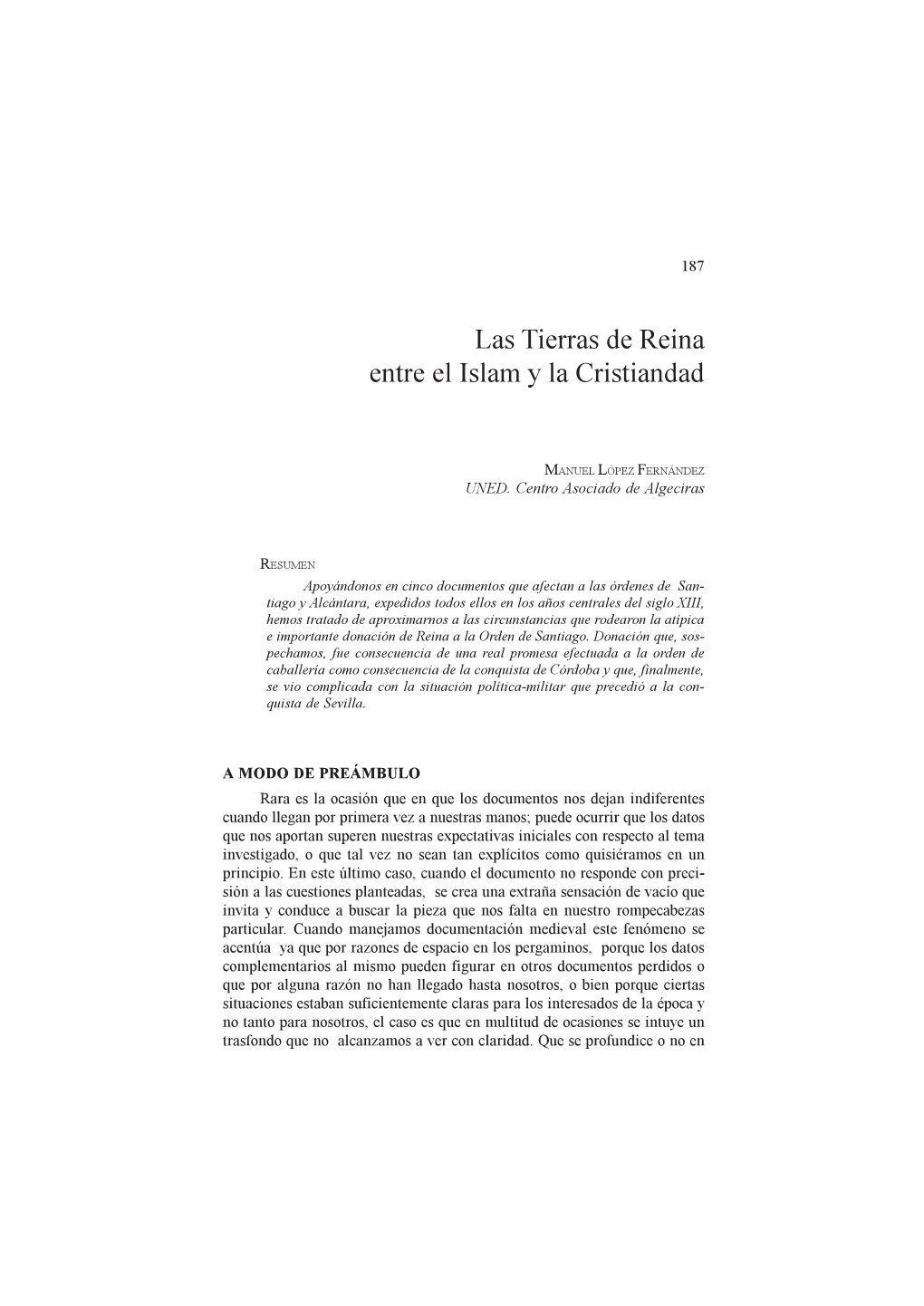 Las Tierras De Reina Entre El Islam Y La Cristiandad