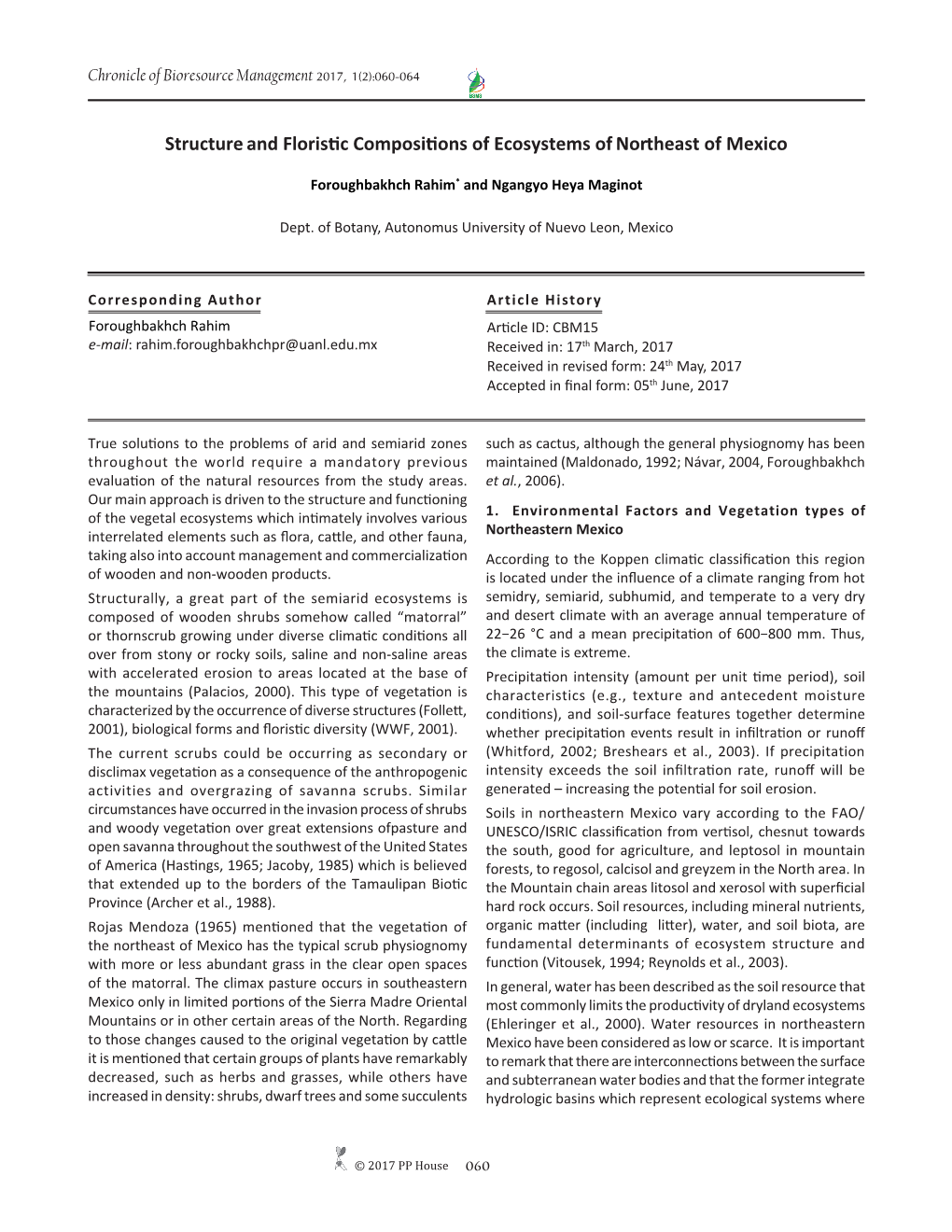 Structure and Floristic Compositions of Ecosystems of Northeast of Mexico