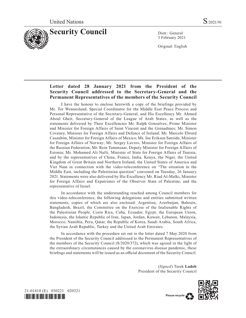 Letter Dated 28 January 2021 from the President of Thesecurity Council Addressed to the Secretary-General and the Permanent Repr