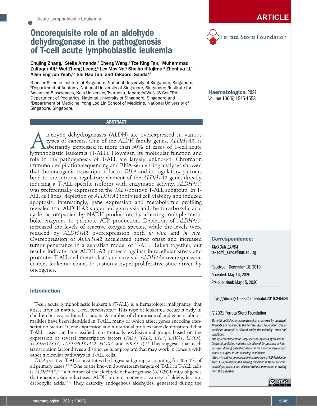 Oncorequisite Role of an Aldehyde Dehydrogenase in the Pathogenesis Ferrata Storti Foundation of T-Cell Acute Lymphoblastic Leukemia