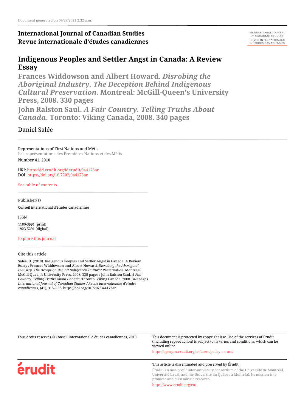 Indigenous Peoples and Settler Angst in Canada: a Review Essay Frances Widdowson and Albert Howard