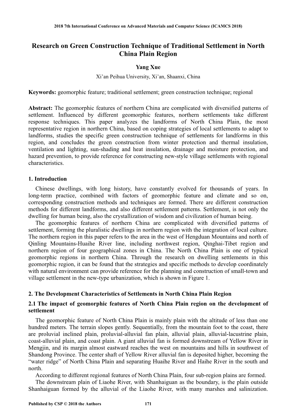 Research on Green Construction Technique of Traditional Settlement in North China Plain Region