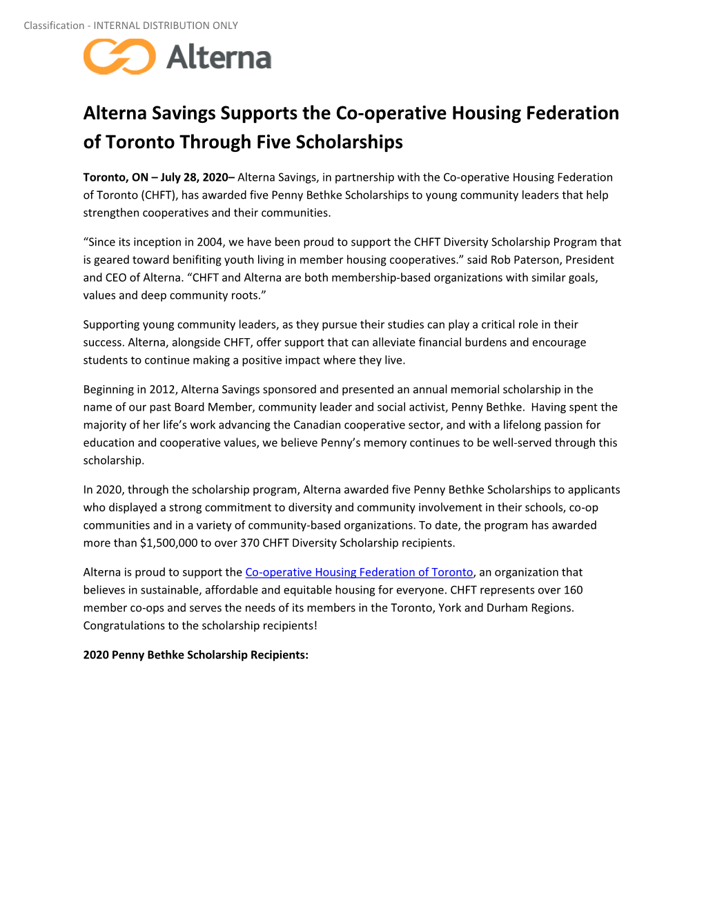 Alterna Savings Supports the Co-Operative Housing Federation of Toronto Through Five Scholarships