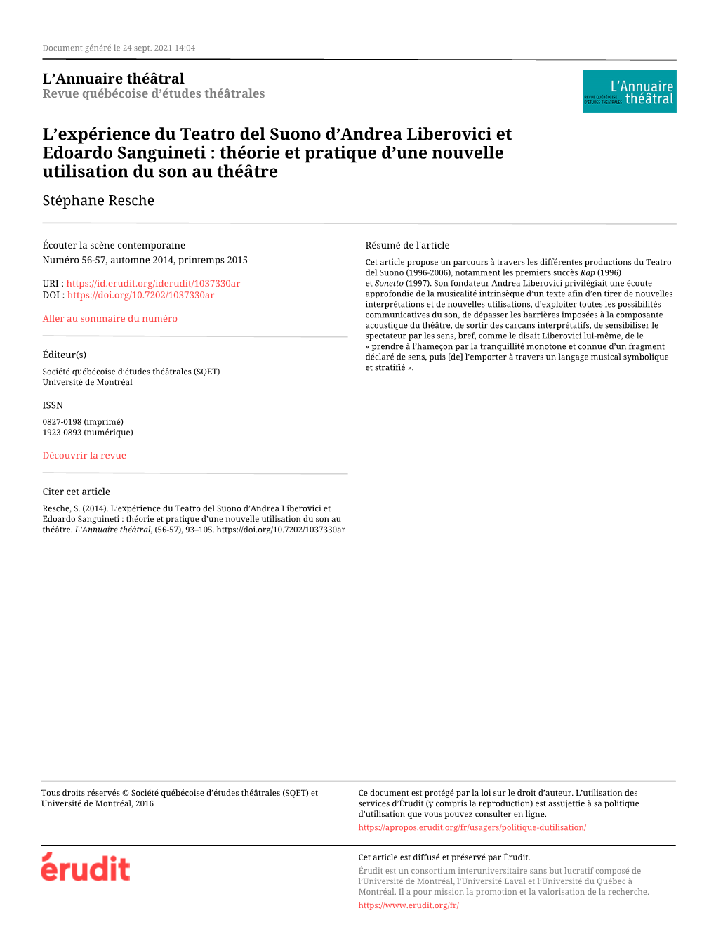 L'expérience Du Teatro Del Suono D'andrea Liberovici Et Edoardo Sanguineti