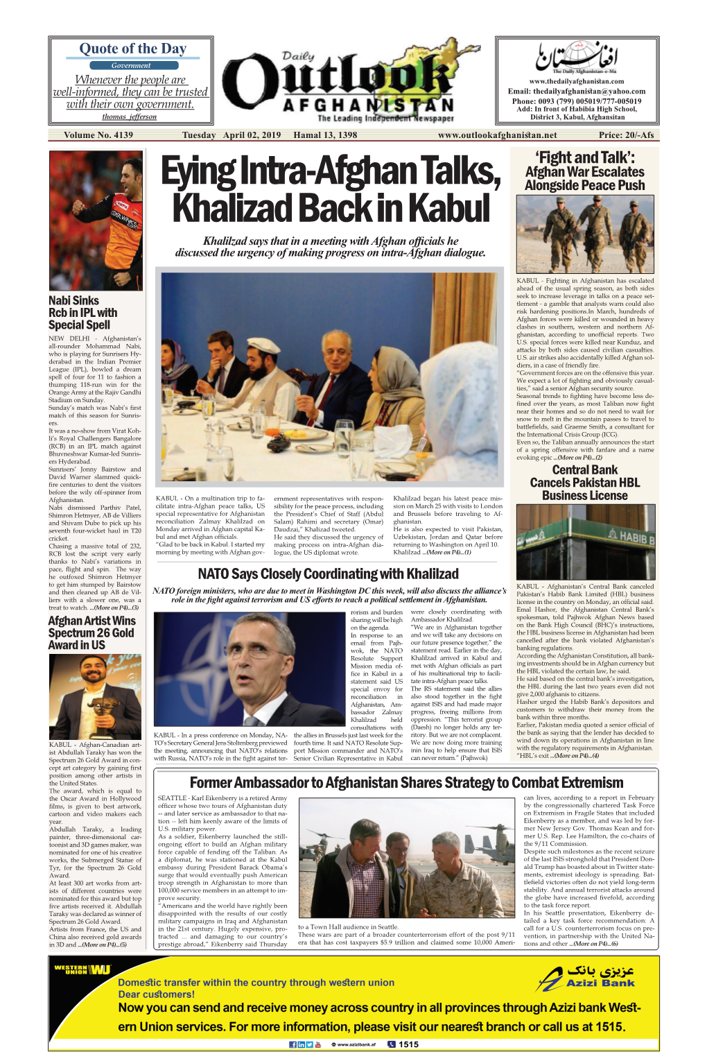 Eying Intra-Afghan Talks, Khalizad Back in Kabul