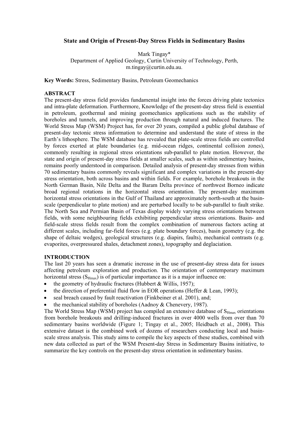 State and Origin of Present-Day Stress Fields in Sedimentary Basins