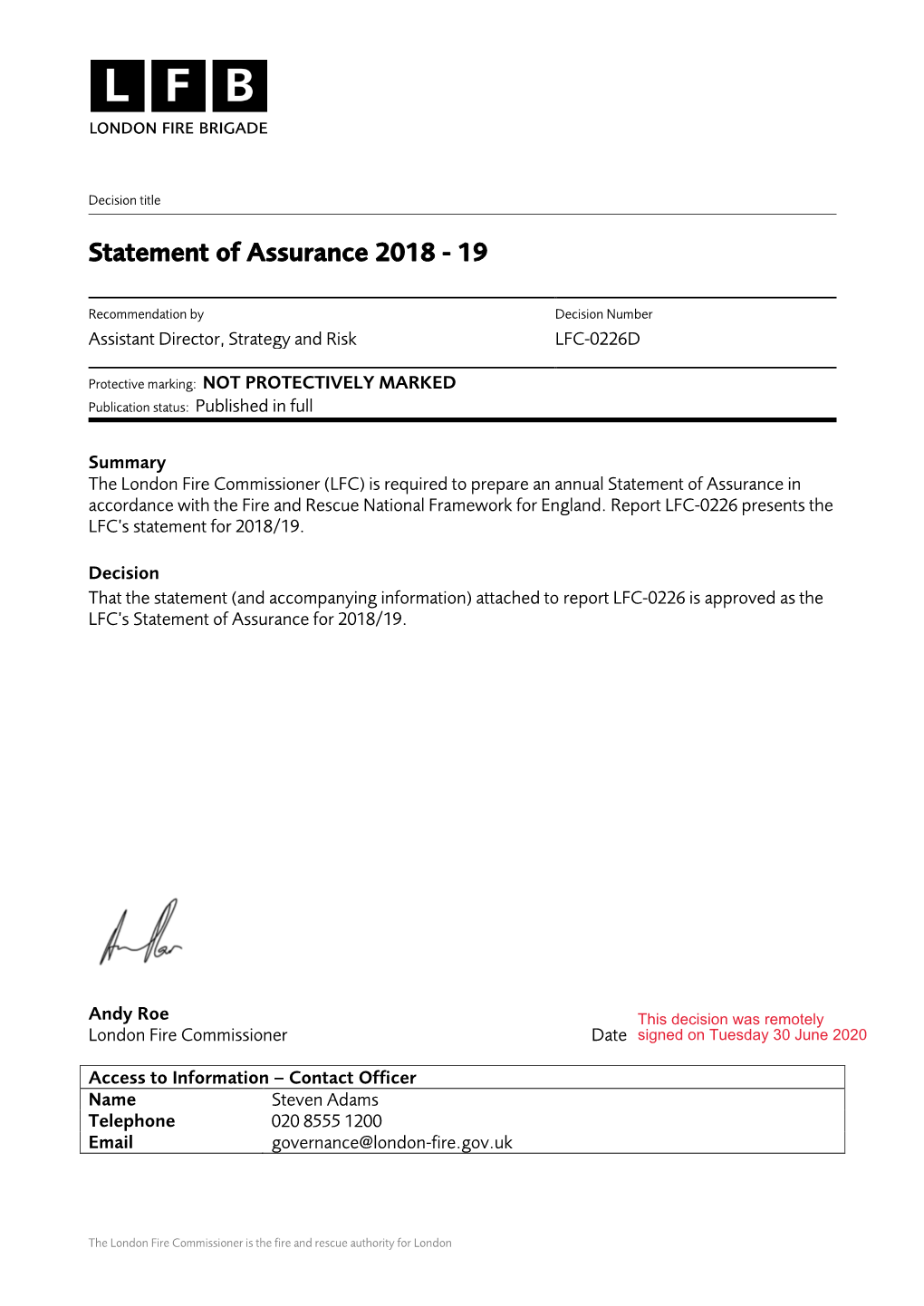 Statement of Assurance 2018 - 19