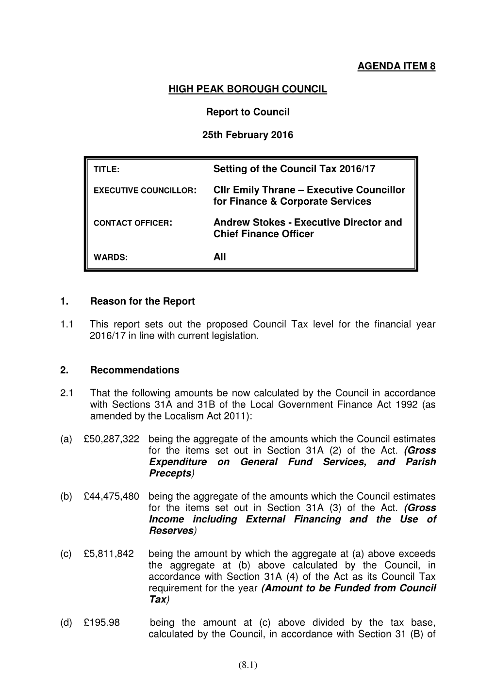 (8.1) AGENDA ITEM 8 HIGH PEAK BOROUGH COUNCIL Report To