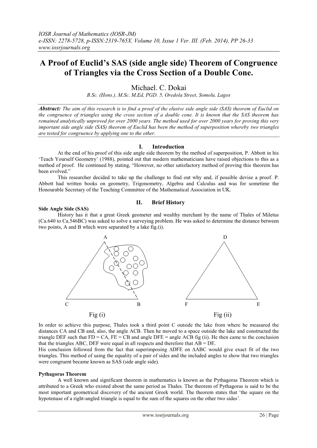 A Proof of Euclid's SAS (Side Angle Side) Theorem