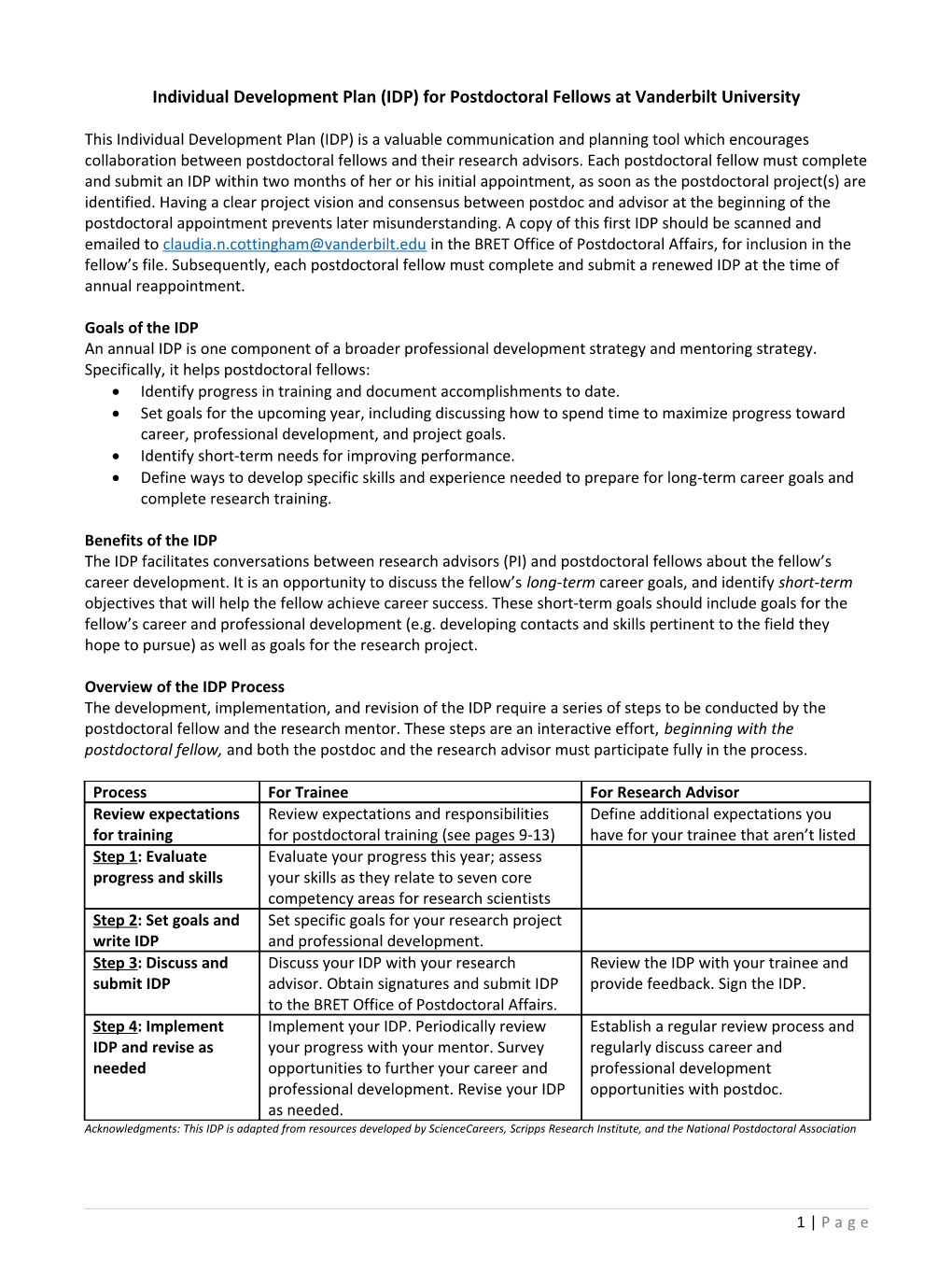 The Individual Development Plan for PREP Trainees at the Albert Einstein College of Medicine