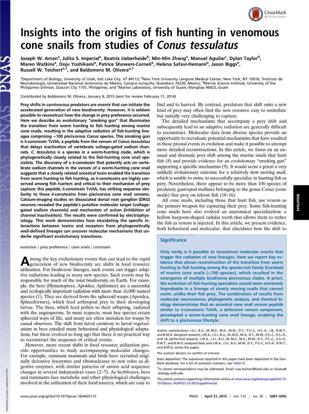 Insights Into the Origins of Fish Hunting in Venomous Cone Snails from Studies of Conus Tessulatus