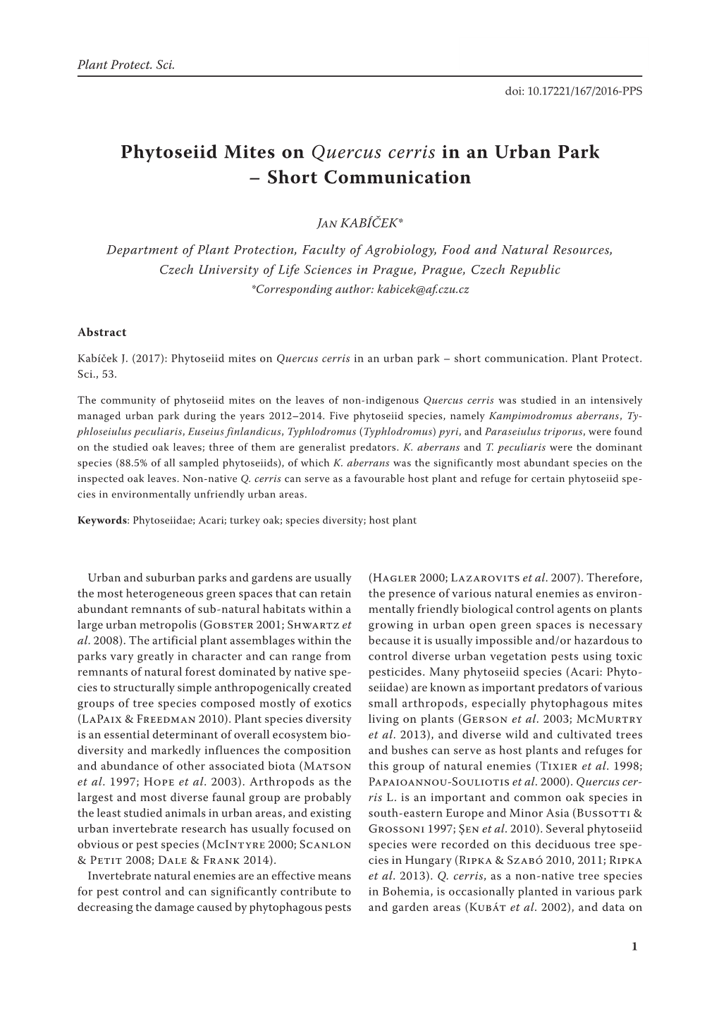 Phytoseiid Mites on Quercus Cerris in an Urban Park – Short Communication