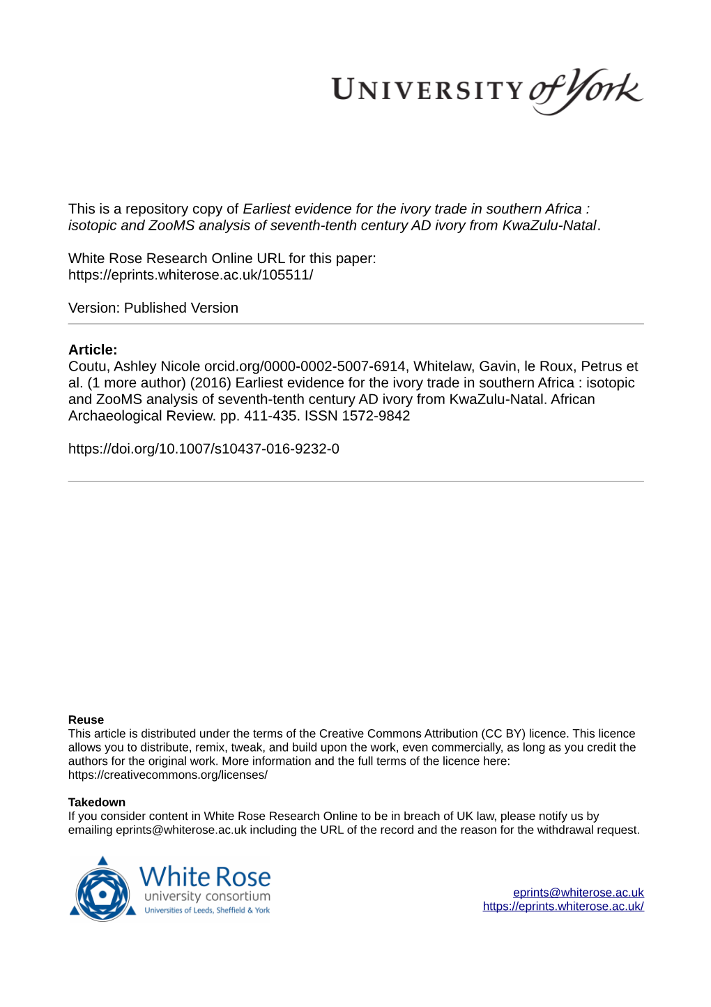 Earliest Evidence for the Ivory Trade in Southern Africa : Isotopic and Zooms Analysis of Seventh-Tenth Century AD Ivory from Kwazulu-Natal