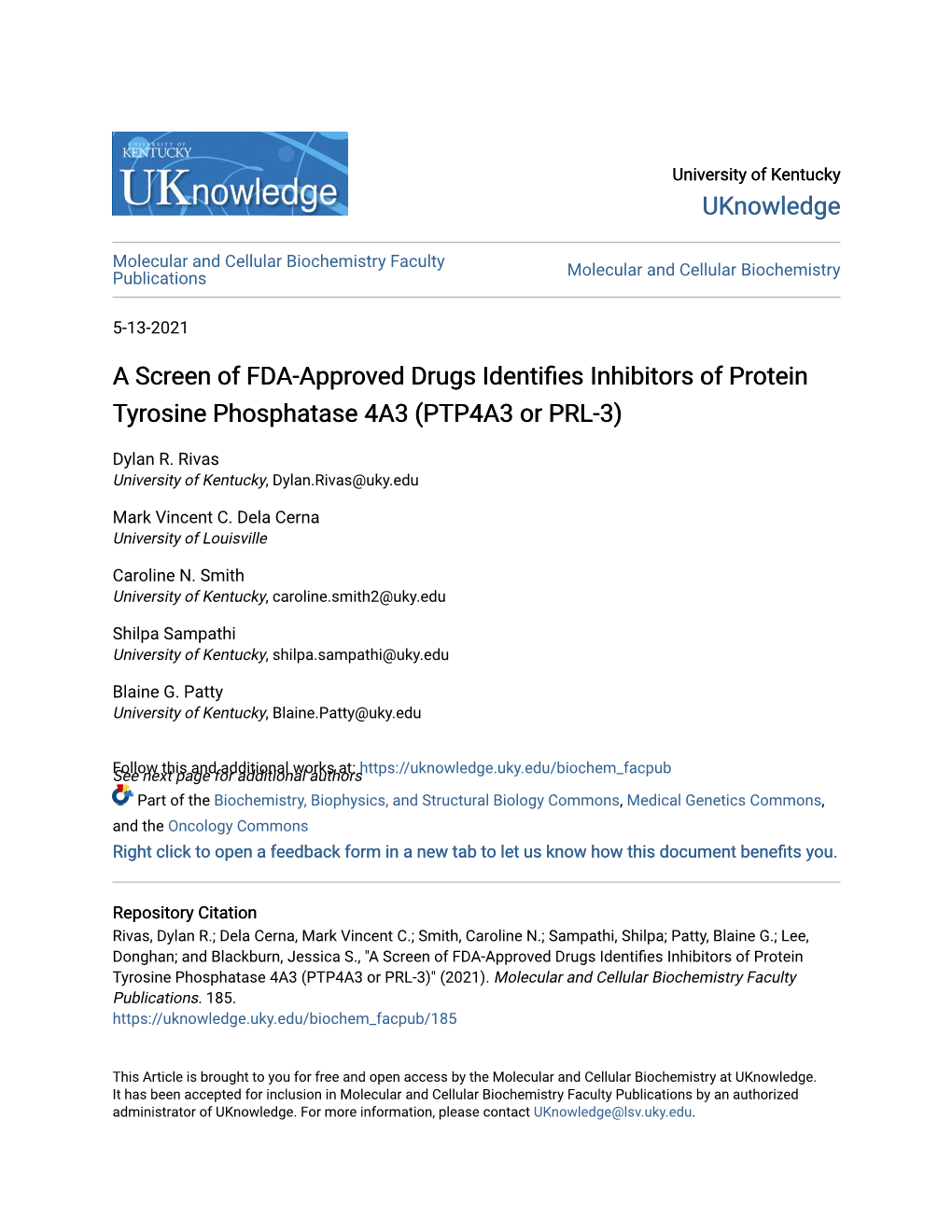 A Screen of FDA-Approved Drugs Identifies Inhibitors of Protein Tyrosine Phosphatase 4A3 (PTP4A3 Or PRL-3)