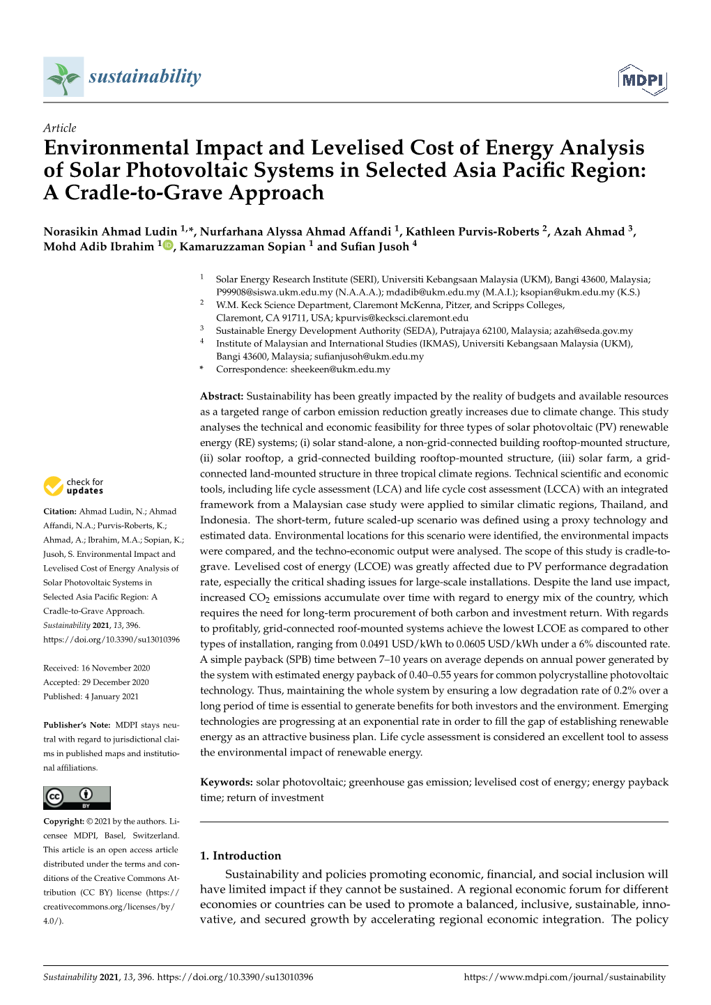 Environmental Impact and Levelised Cost of Energy Analysis of Solar Photovoltaic Systems in Selected Asia Pacific Region: a Cradle-To-Grave Approach